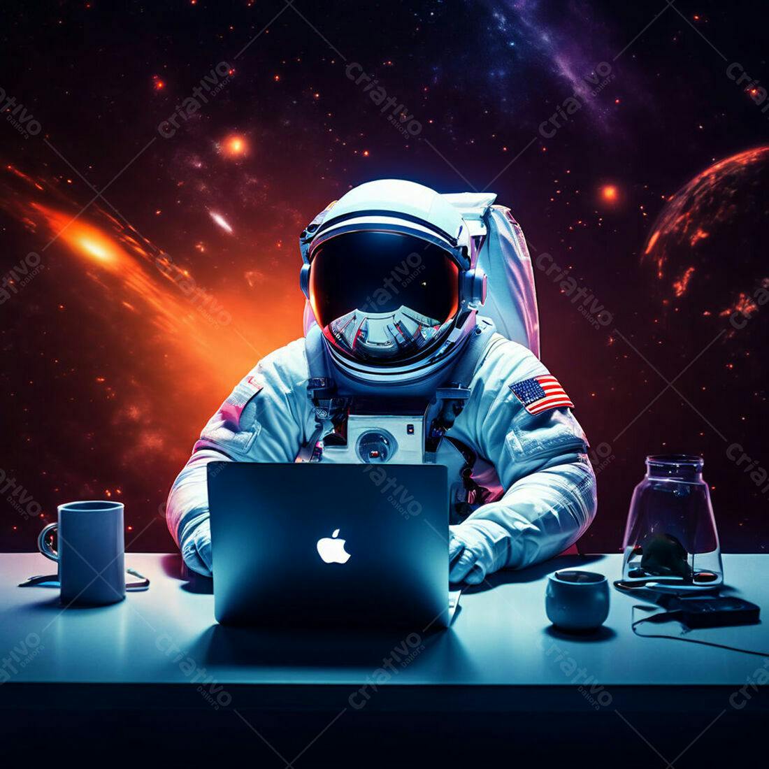 Astronauta trabalhando em laptop no espaço