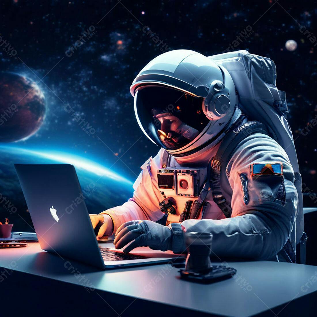 Astronauta trabalhando em laptop no espaço