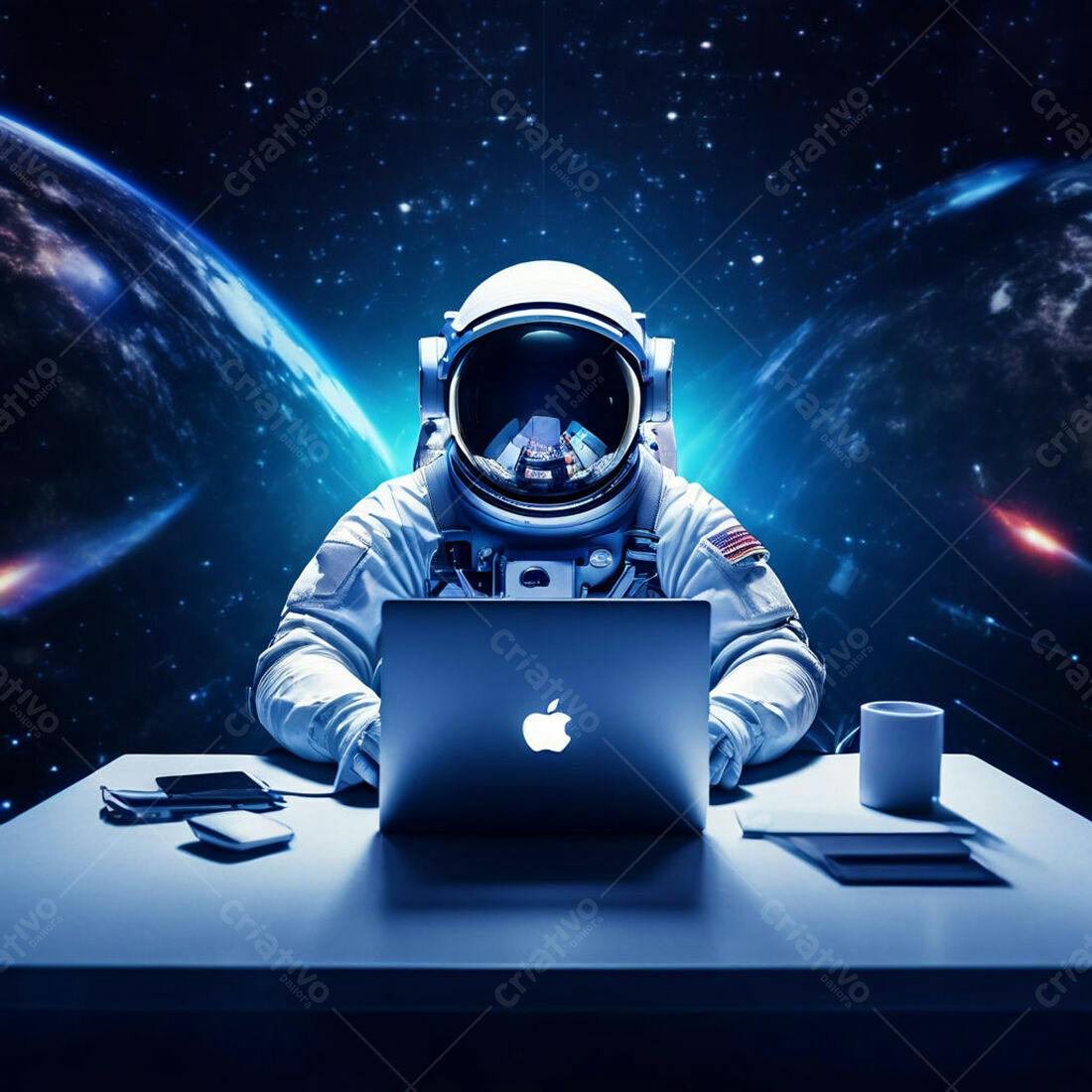 Astronauta trabalhando em laptop no espaço