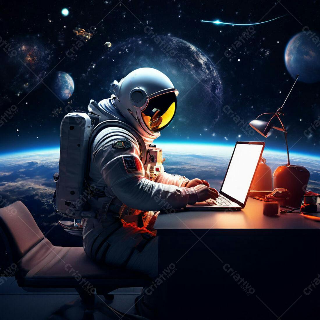 Astronauta trabalhando em laptop no espaço
