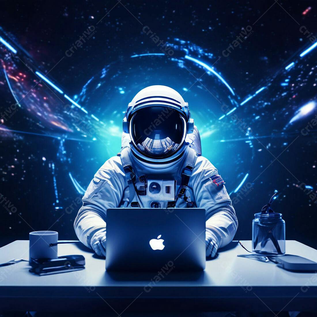 Astronauta trabalhando em laptop no espaço