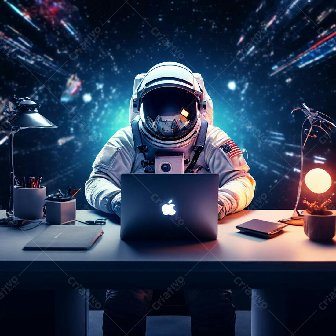 Astronauta trabalhando em laptop no espaço