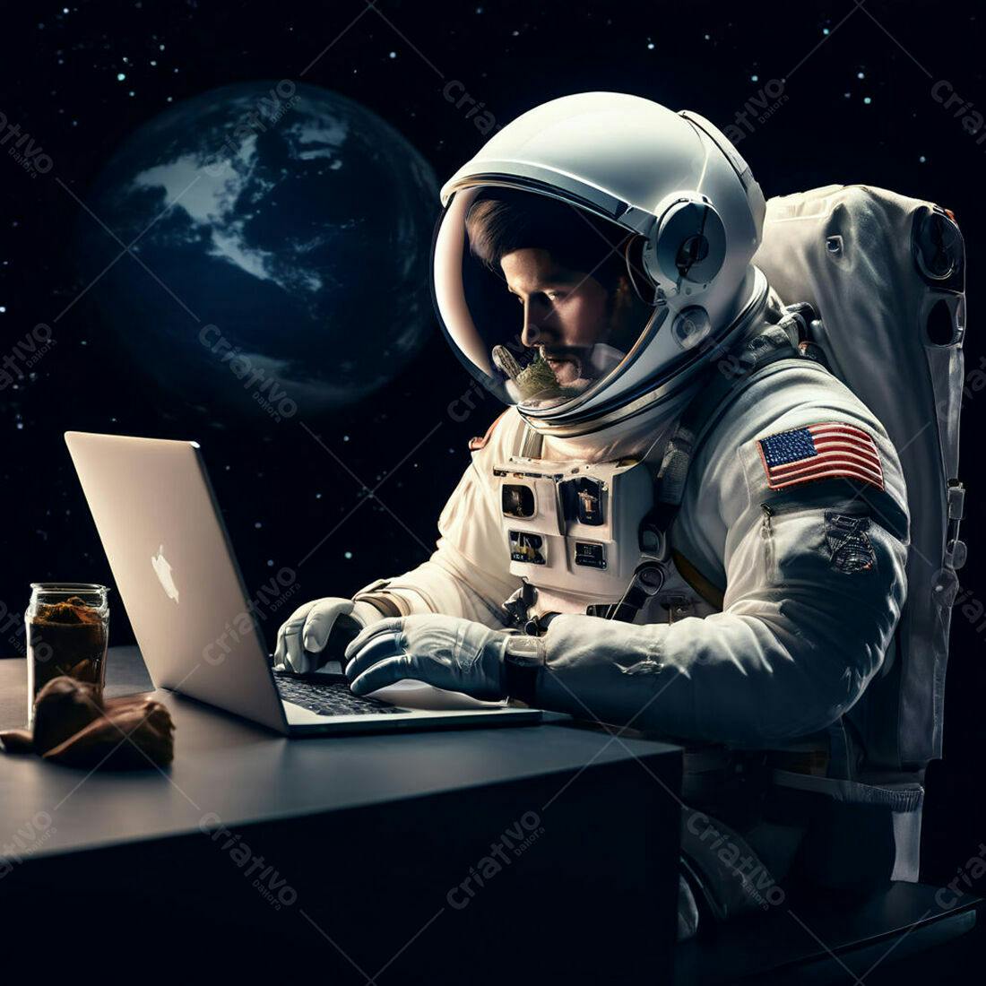Astronauta trabalhando em laptop no espaço