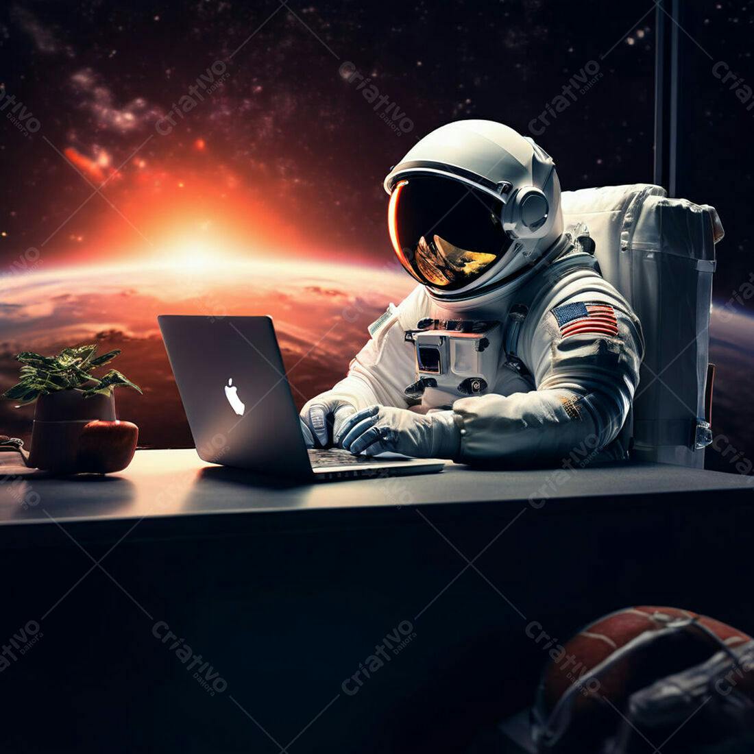 Astronauta trabalhando em laptop no espaço