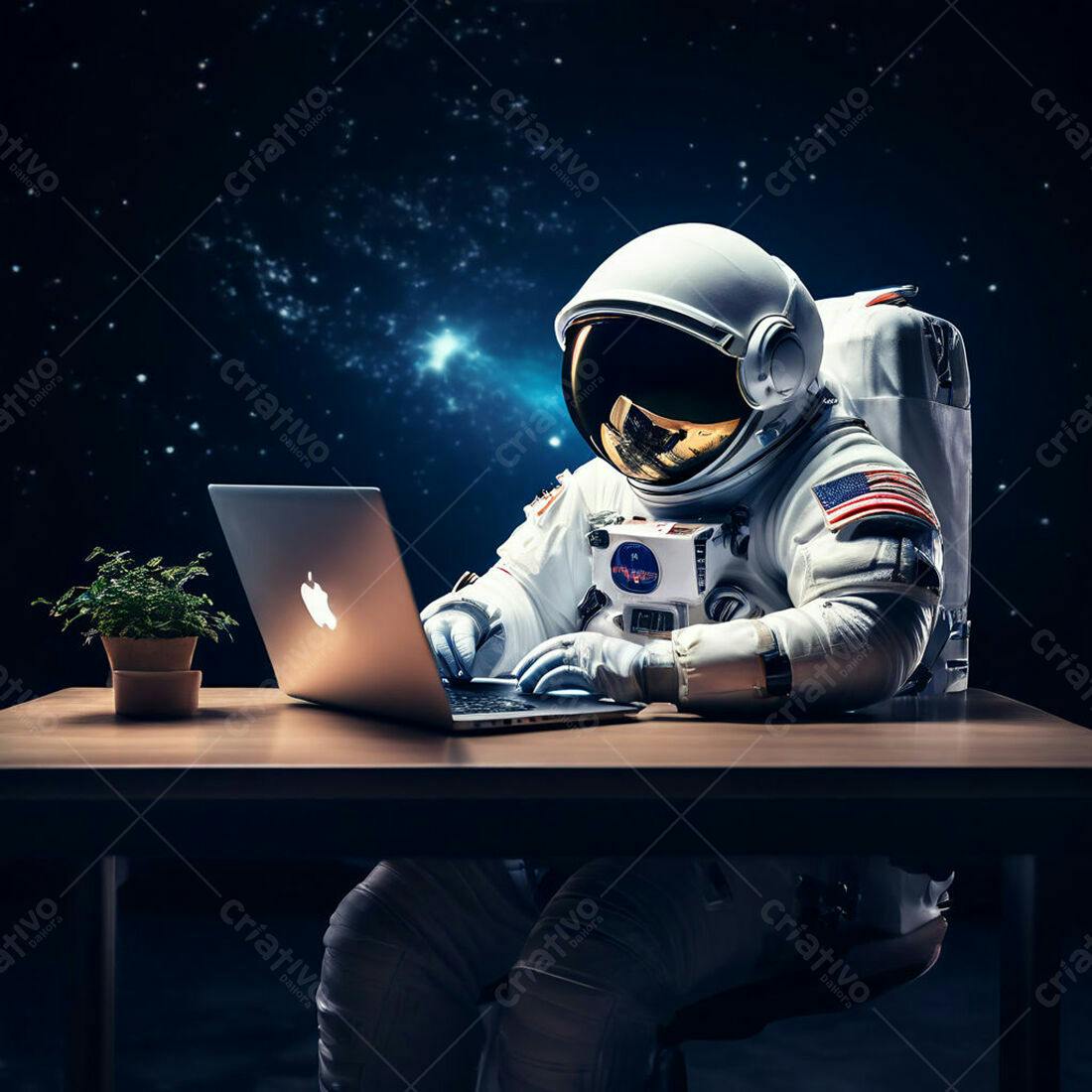 Astronauta trabalhando em laptop no espaço