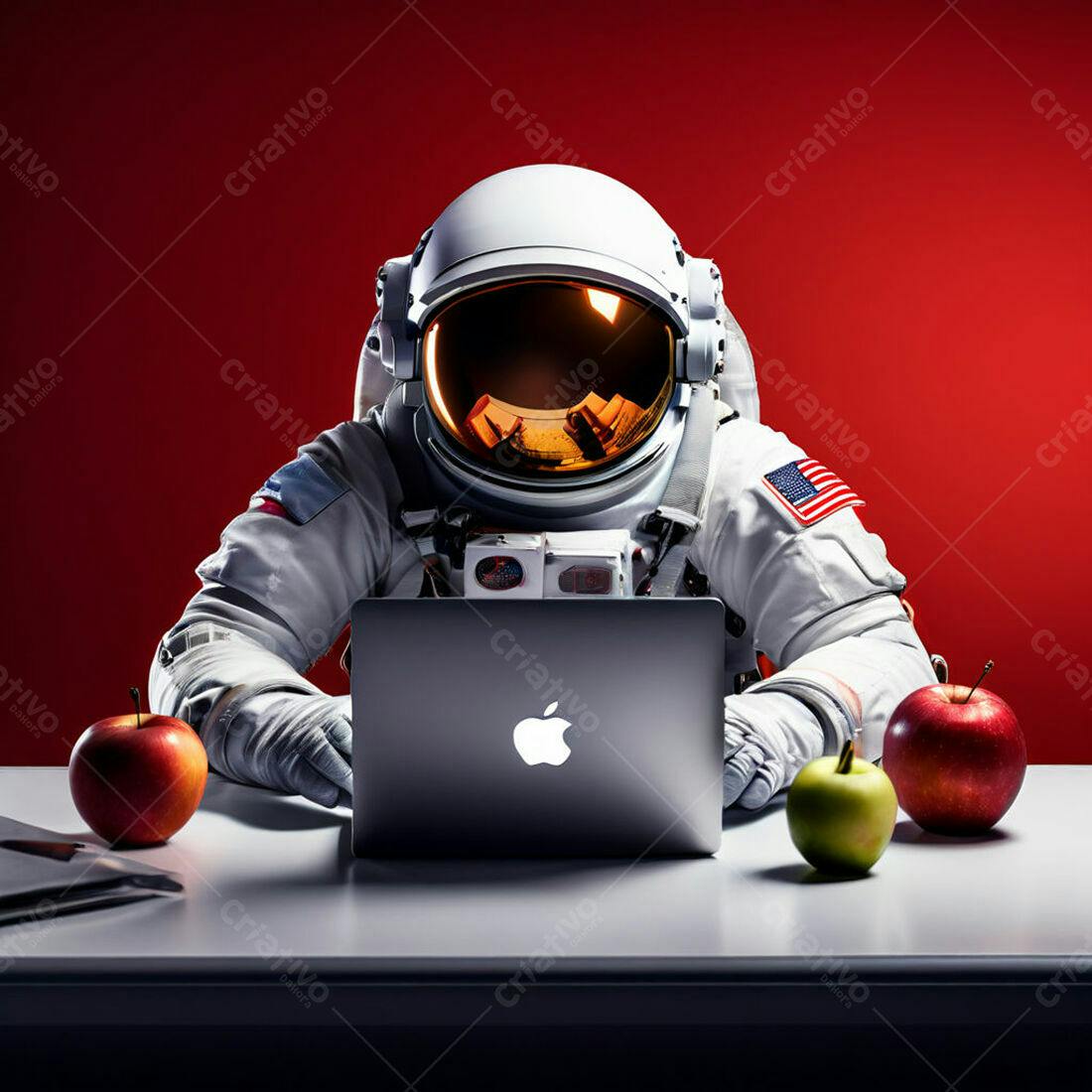 Astronauta trabalhando em laptop fundo vermelho