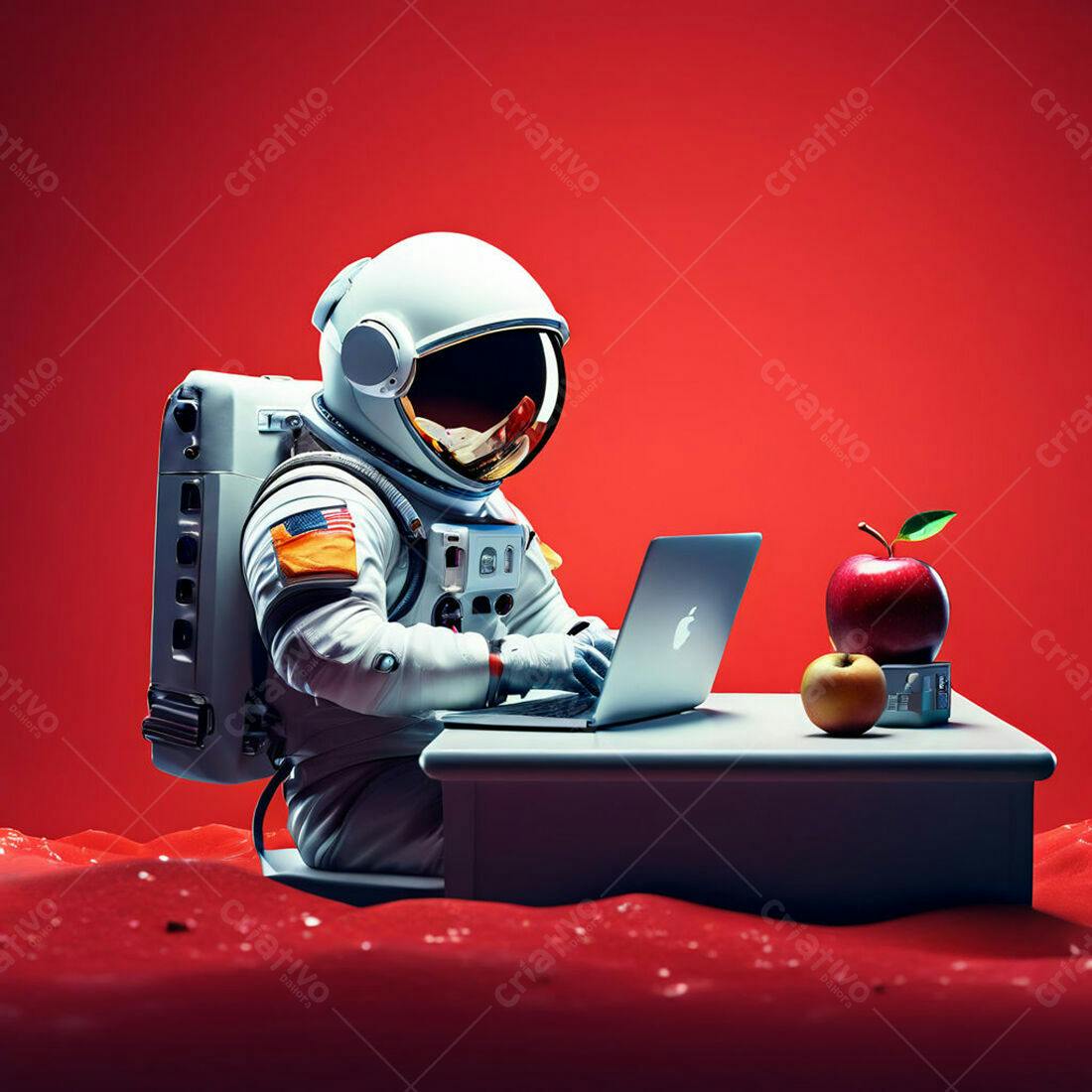 Astronauta trabalhando em laptop num cenário vermelho