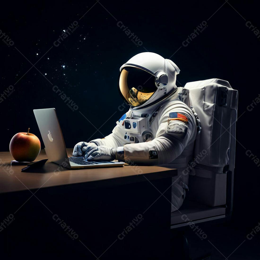Astronauta trabalhando em laptop no espaço