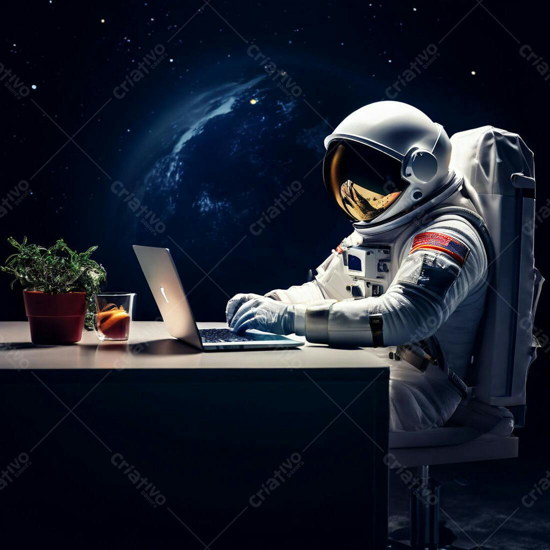 Astronauta trabalhando em laptop no espaço