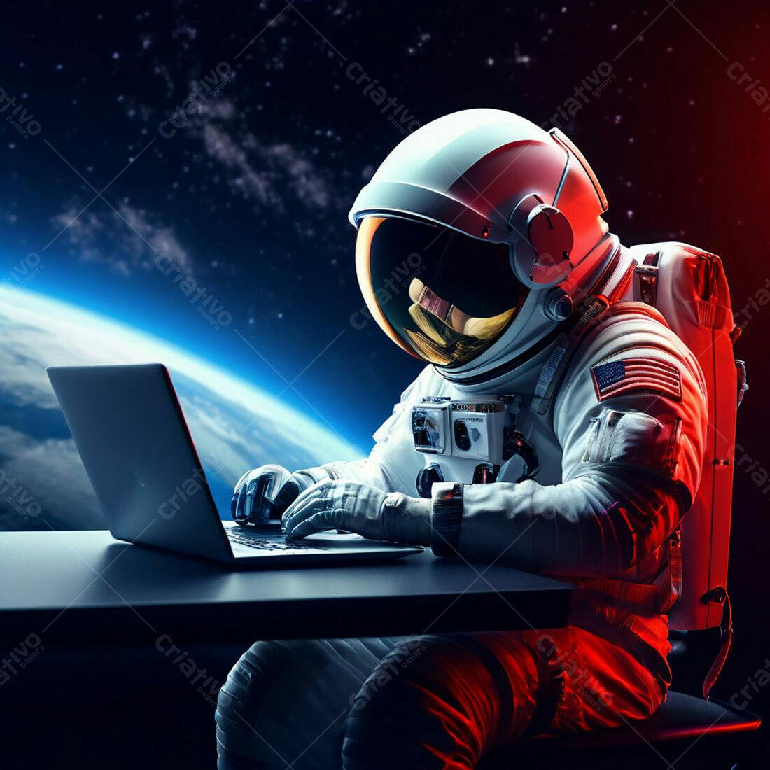Astronauta trabalhando em laptop no espaço