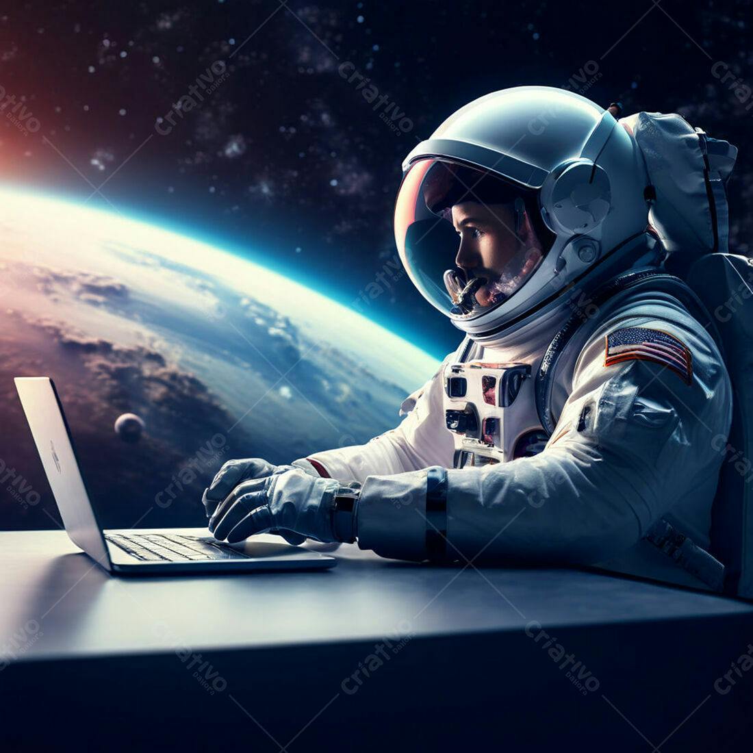 Astronauta trabalhando em laptop no espaço