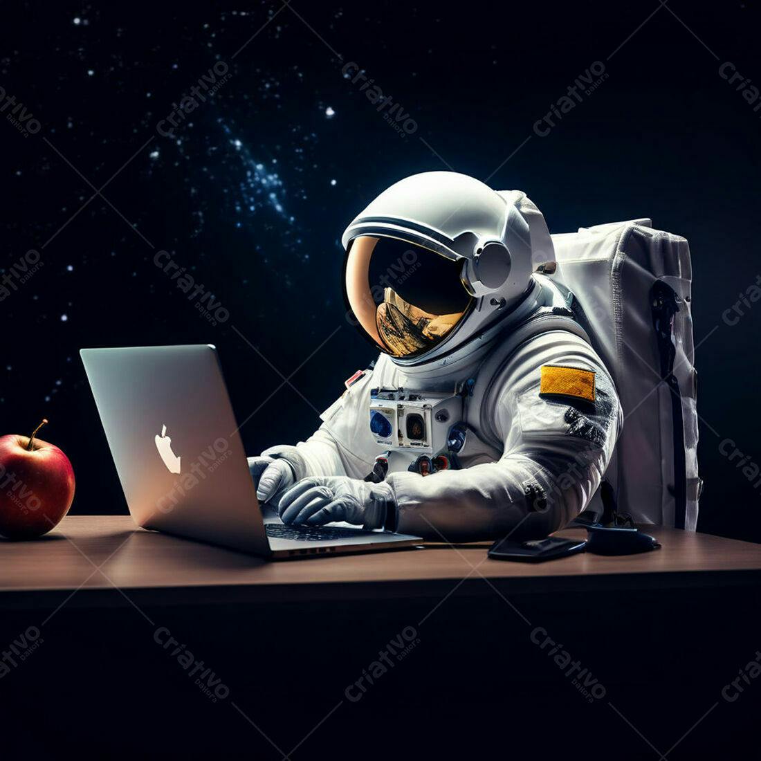 Astronauta trabalhando em laptop no espaço