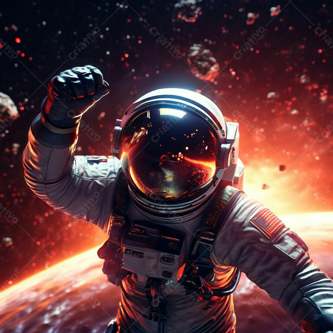 Astronauta em voo espacial próximo a planeta vermelho