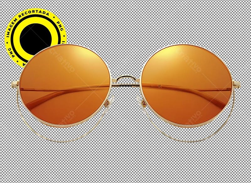 óculos de sol, armação redonda e dourada, lente laranja