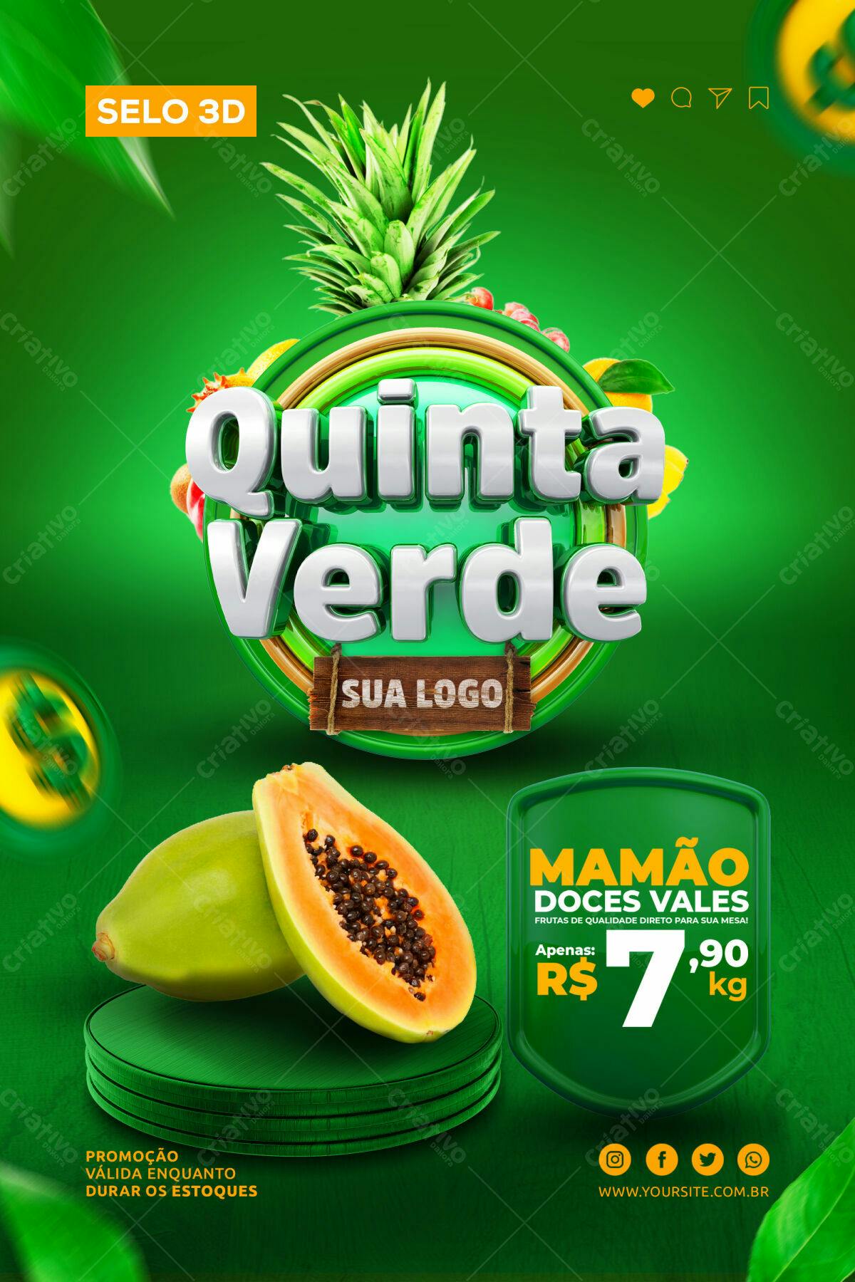 Selo 3D promocional frutas verde e prata