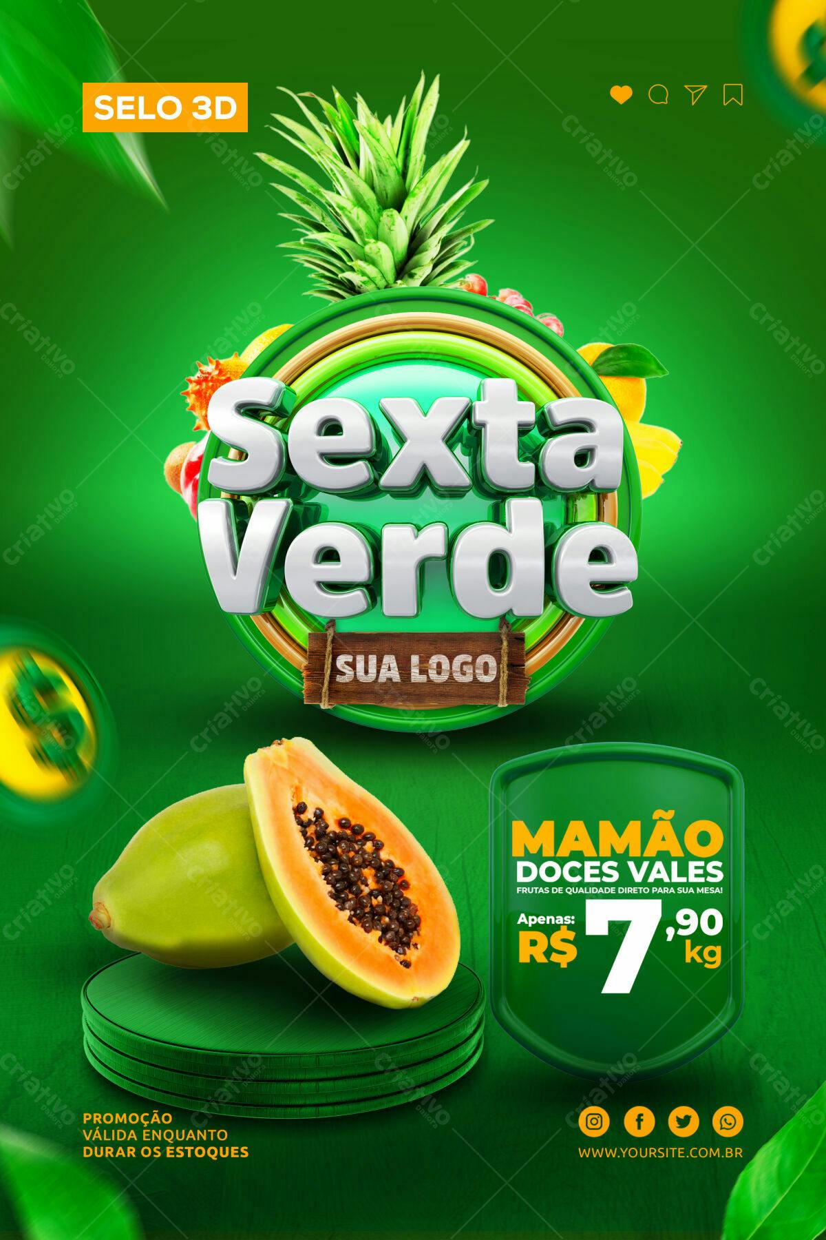 Selo 3D promocional verde e prata frutas