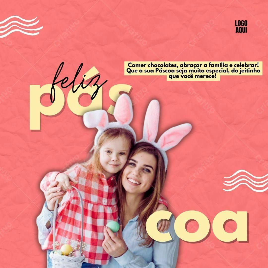 Post Instagram Páscoa Família Rosa e Amarelo Editável no Canva