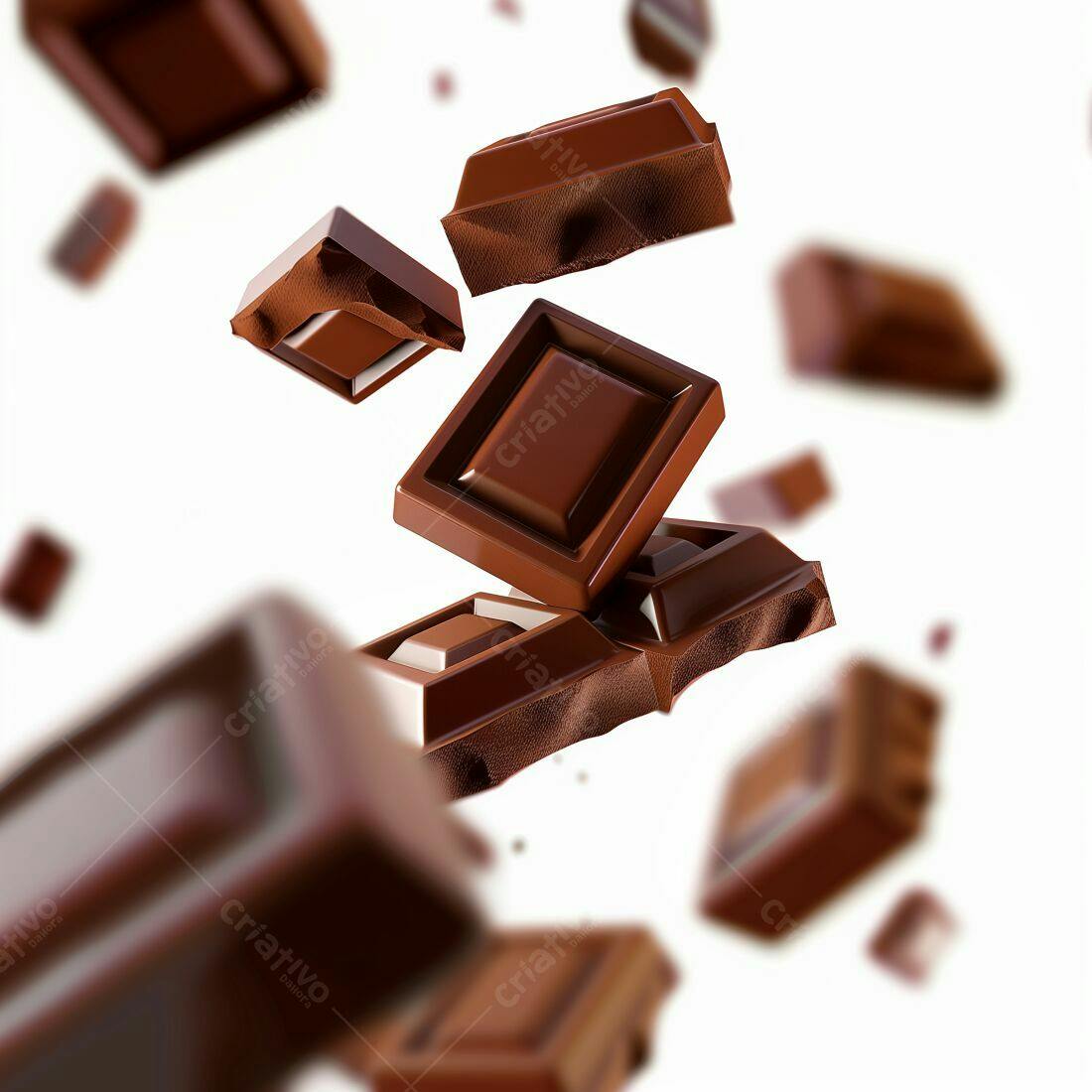 Pedaços de chocolate caindo fundo branco