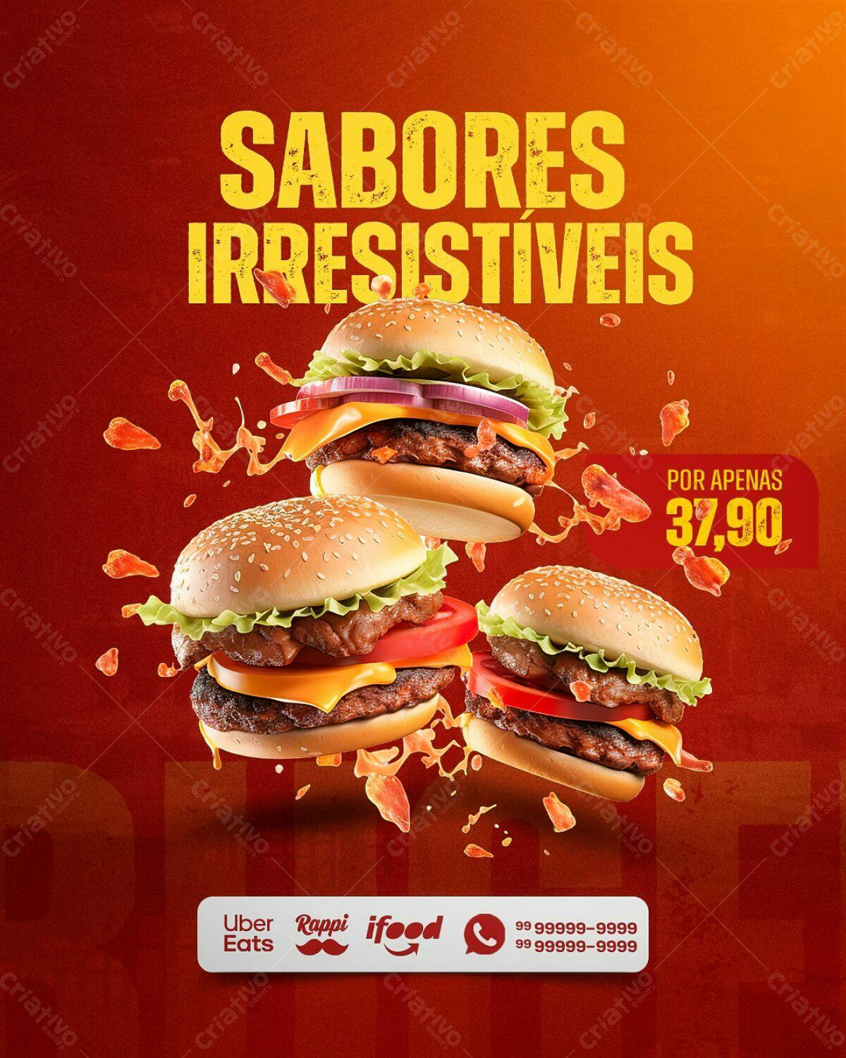 Flyer de Hambúrguer Sabores Irresistíveis PSD Editável