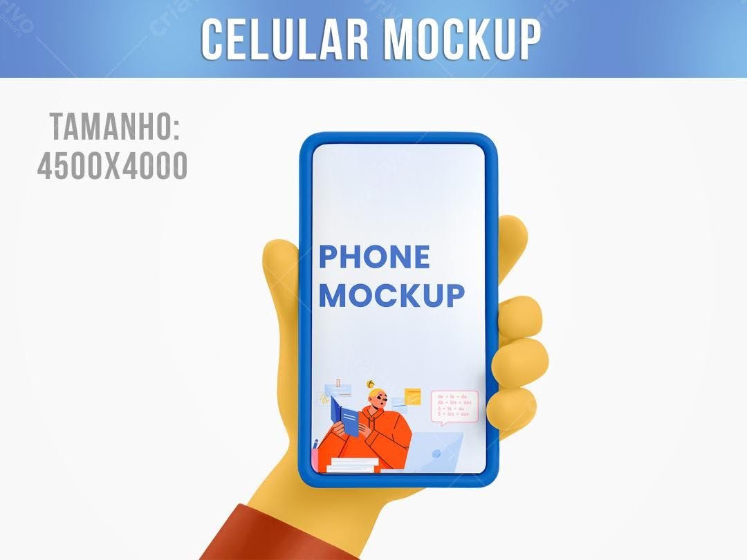 Mockup Celular 3D com Mão Ilustrada - Estilo Cartoon