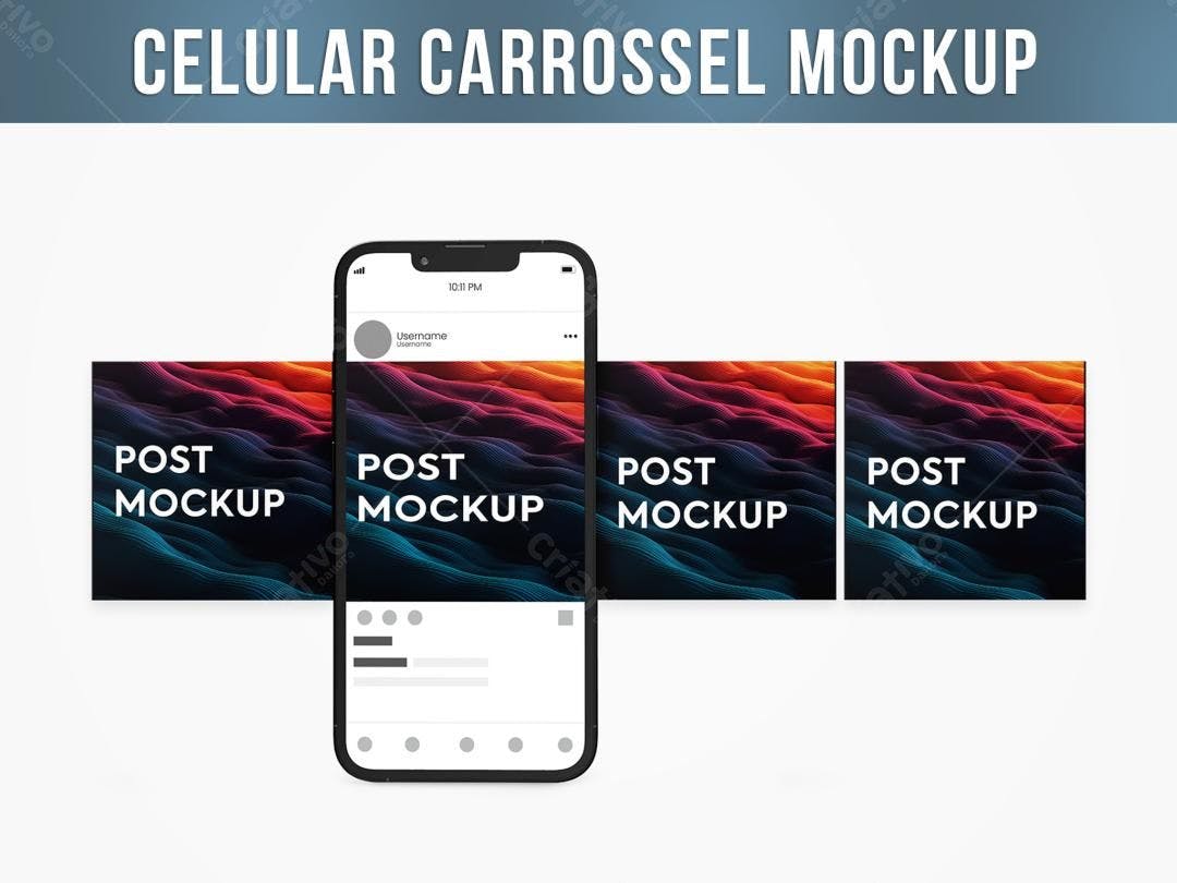 Mockup de Celular com Carrossel de Posts em Tons Escuros