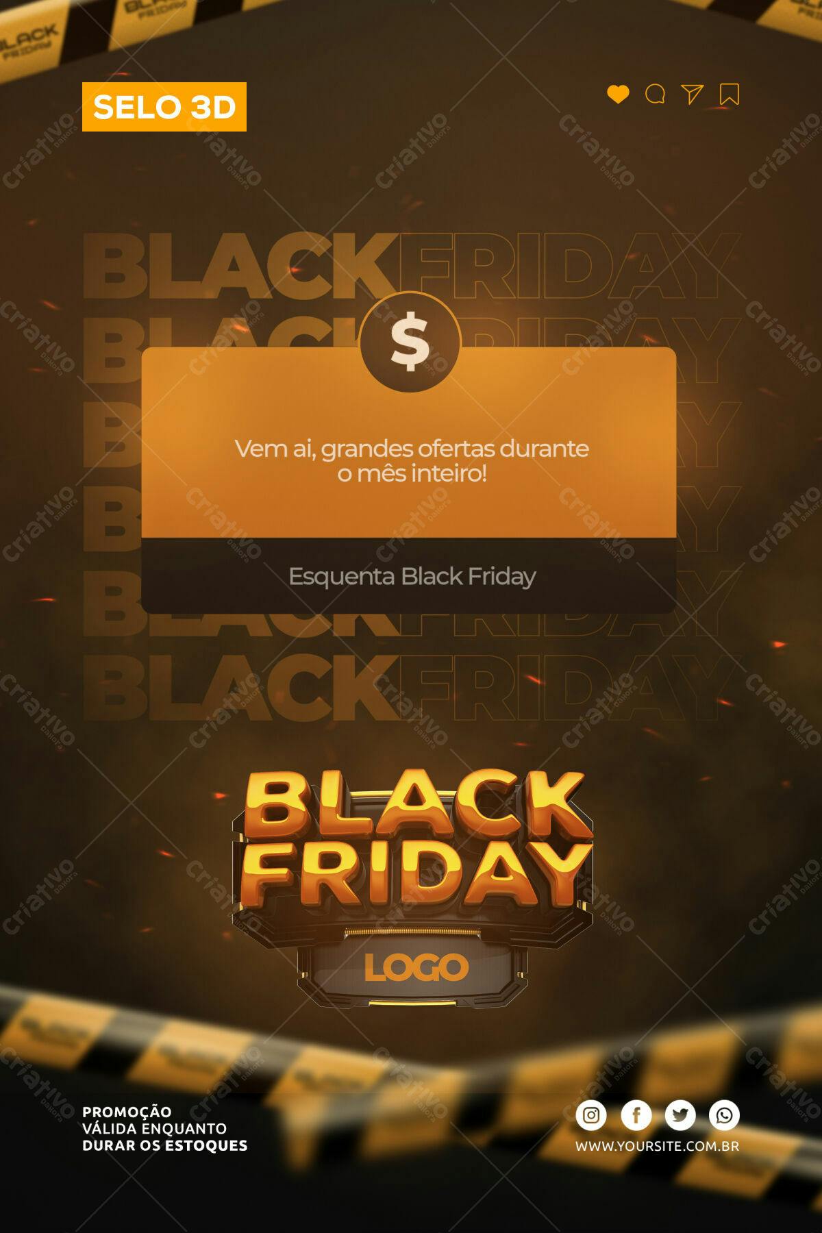 Selo 3D promocional Black Friday dourado e preto