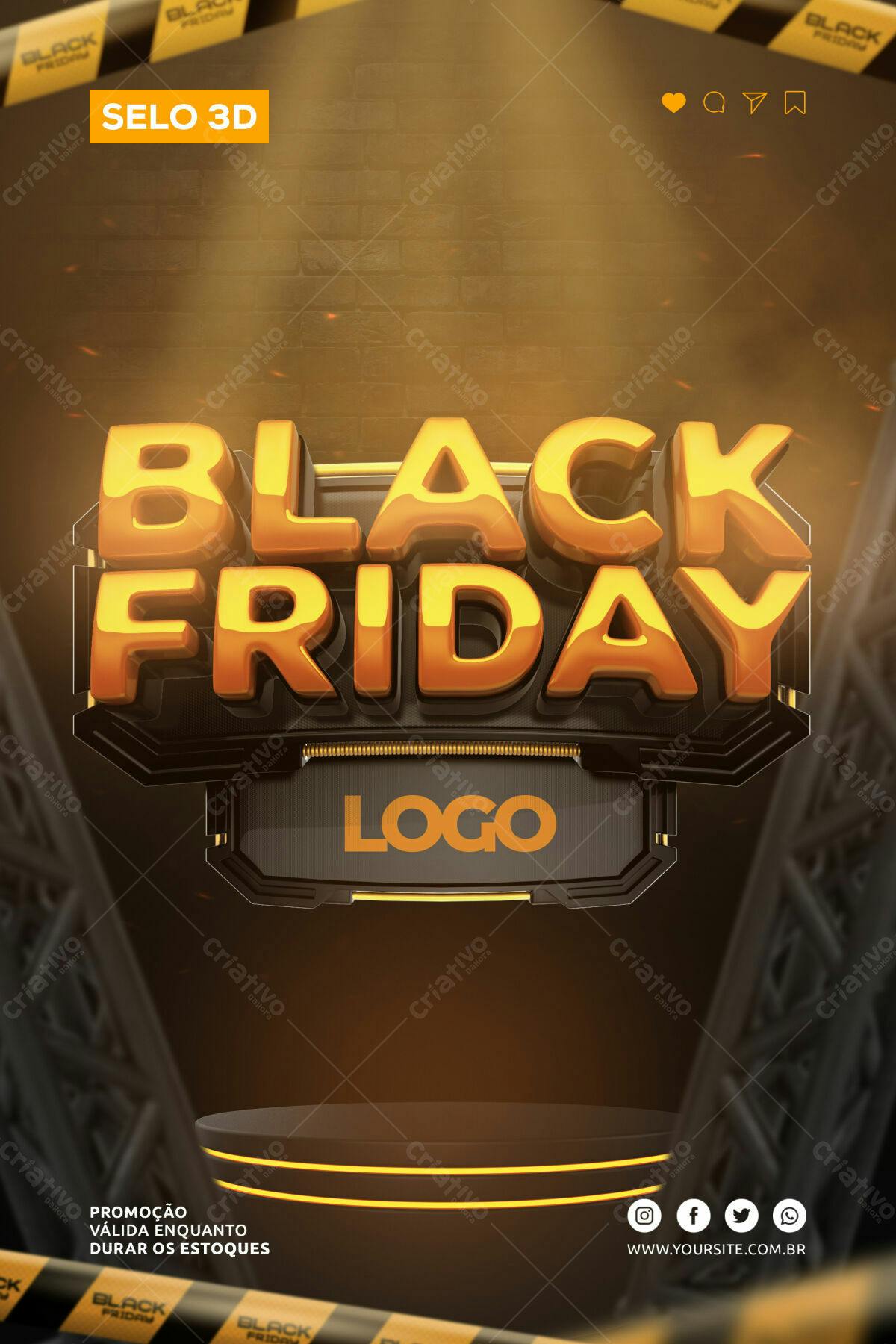Selo 3D promocional Black Friday dourado e preto