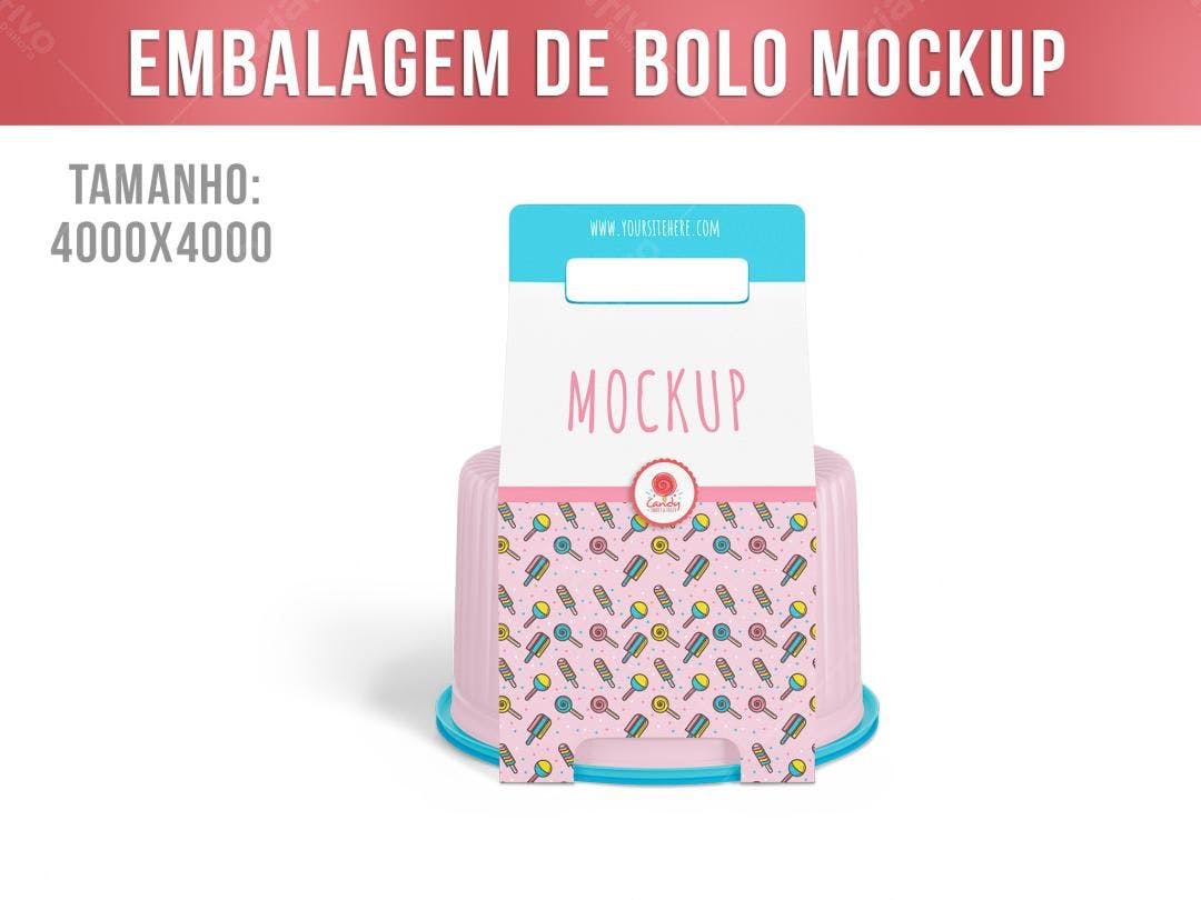 Mockup de Embalagem de Bolo Rosa com Desenho de Doces