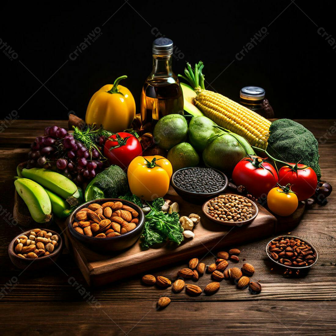 Frutas, legumes e oleaginosas mesa de madeira