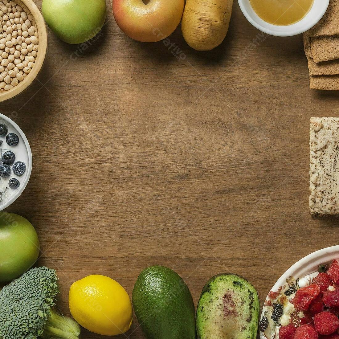 Alimentos saudáveis formando moldura em madeira