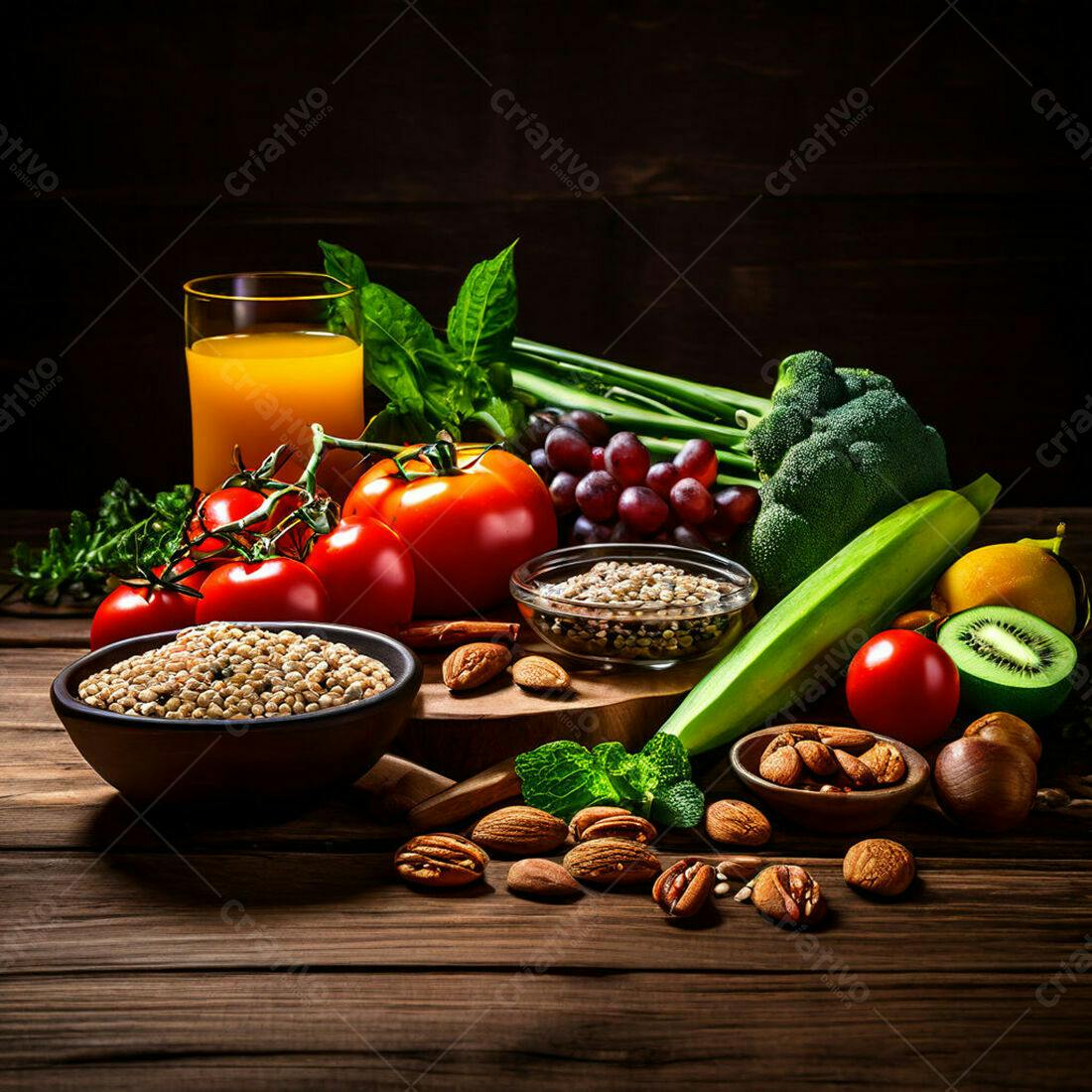 Frutas legumes e sementes em mesa de madeira