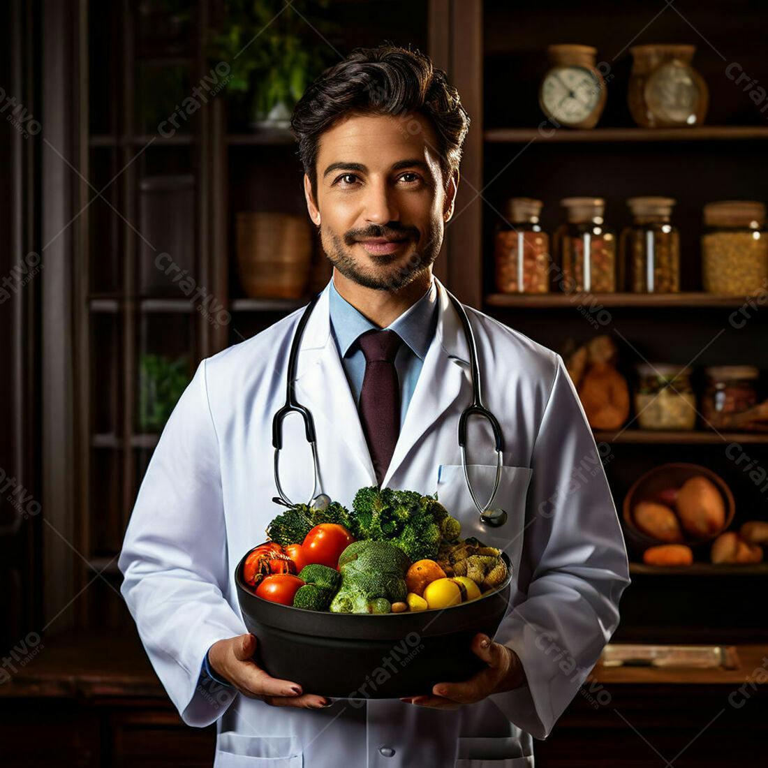 Médico segurando legumes e verduras frescos