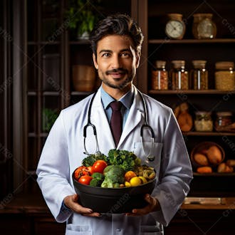 Doutor com comida saudável em suas mãos