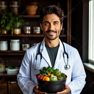 Doutor com comida saudável em suas mãos