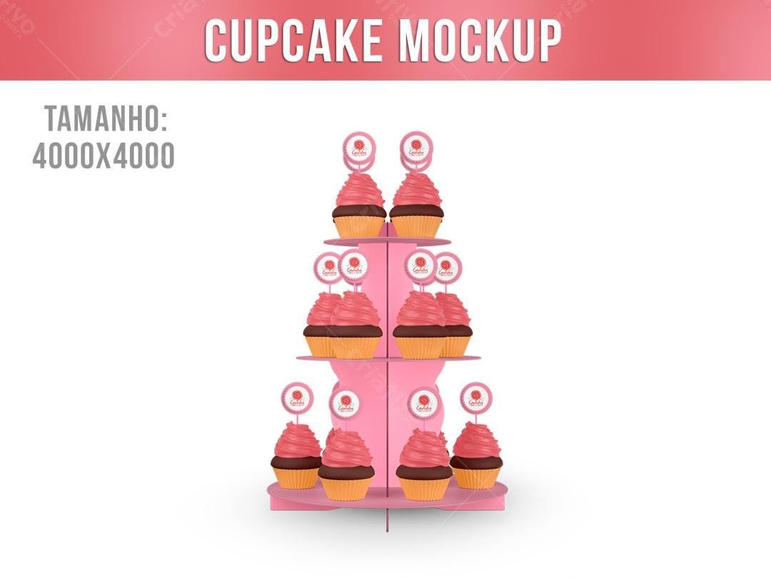 Mockup de Cupcakes Rosa em Suporte de 3 Andares