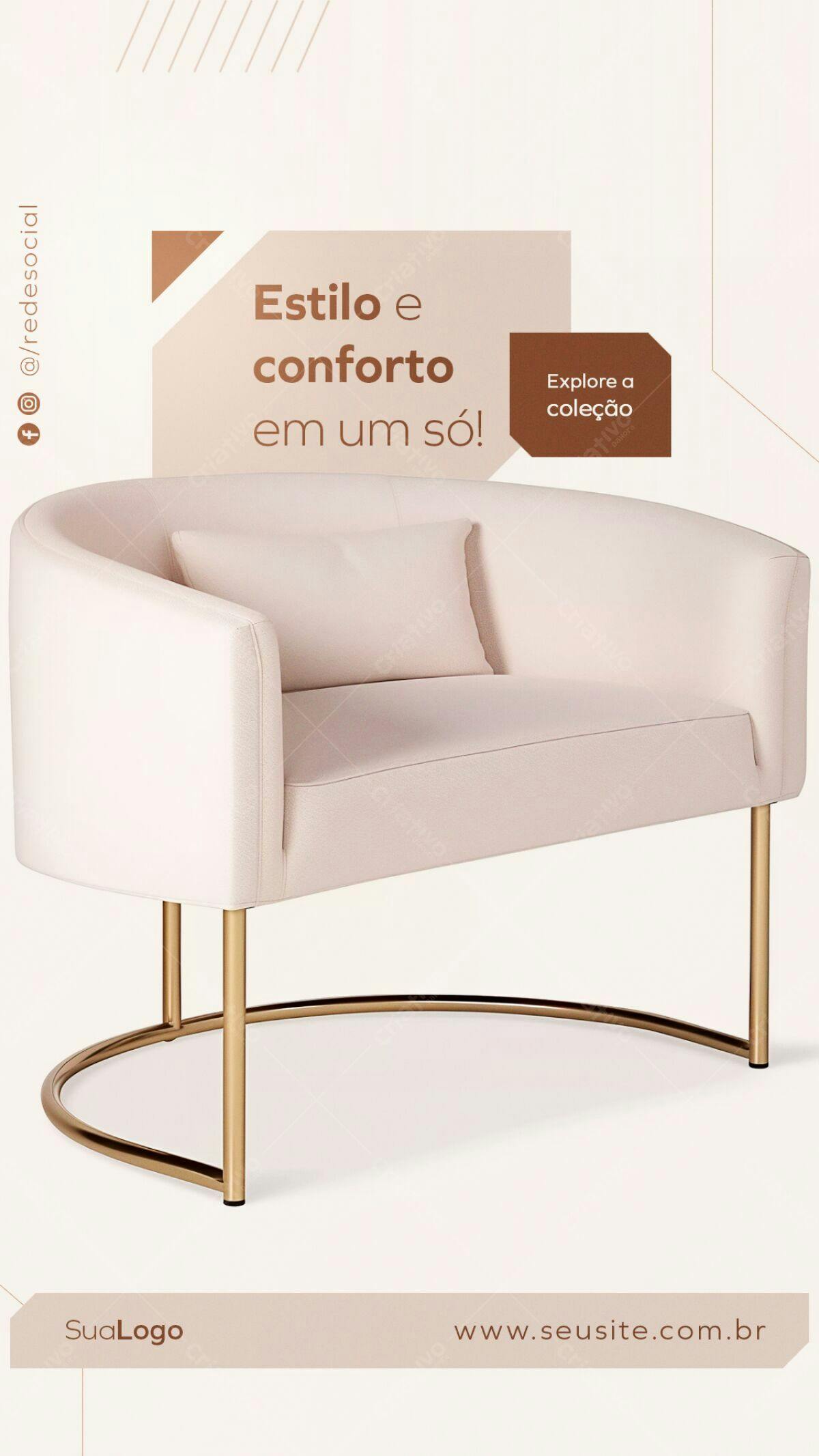 PSD Sofá Rosa e Dourado para Decoração de Interiores PSD Editável
