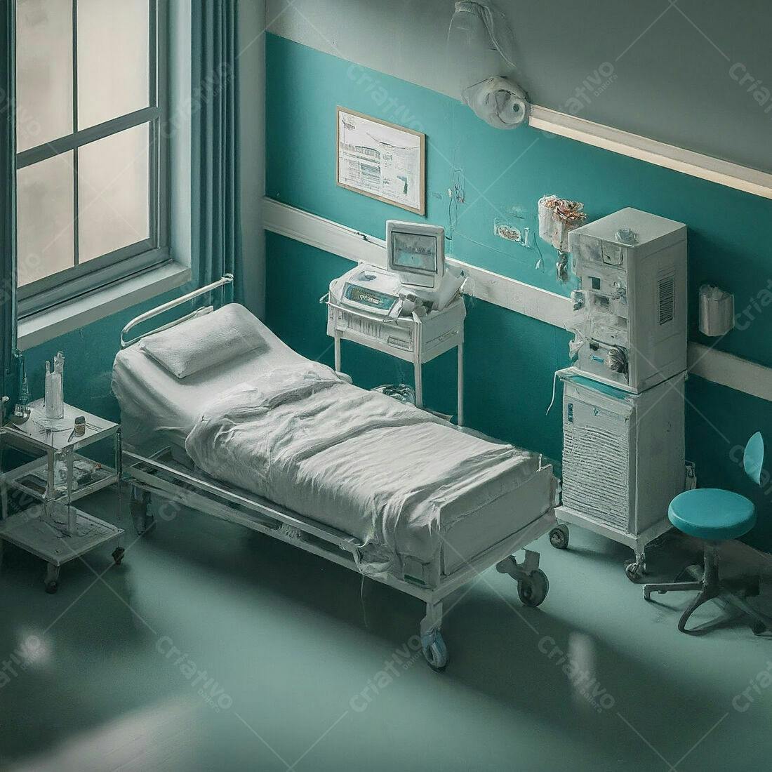 Quarto de hospital vazio com cama e equipamentos médicos