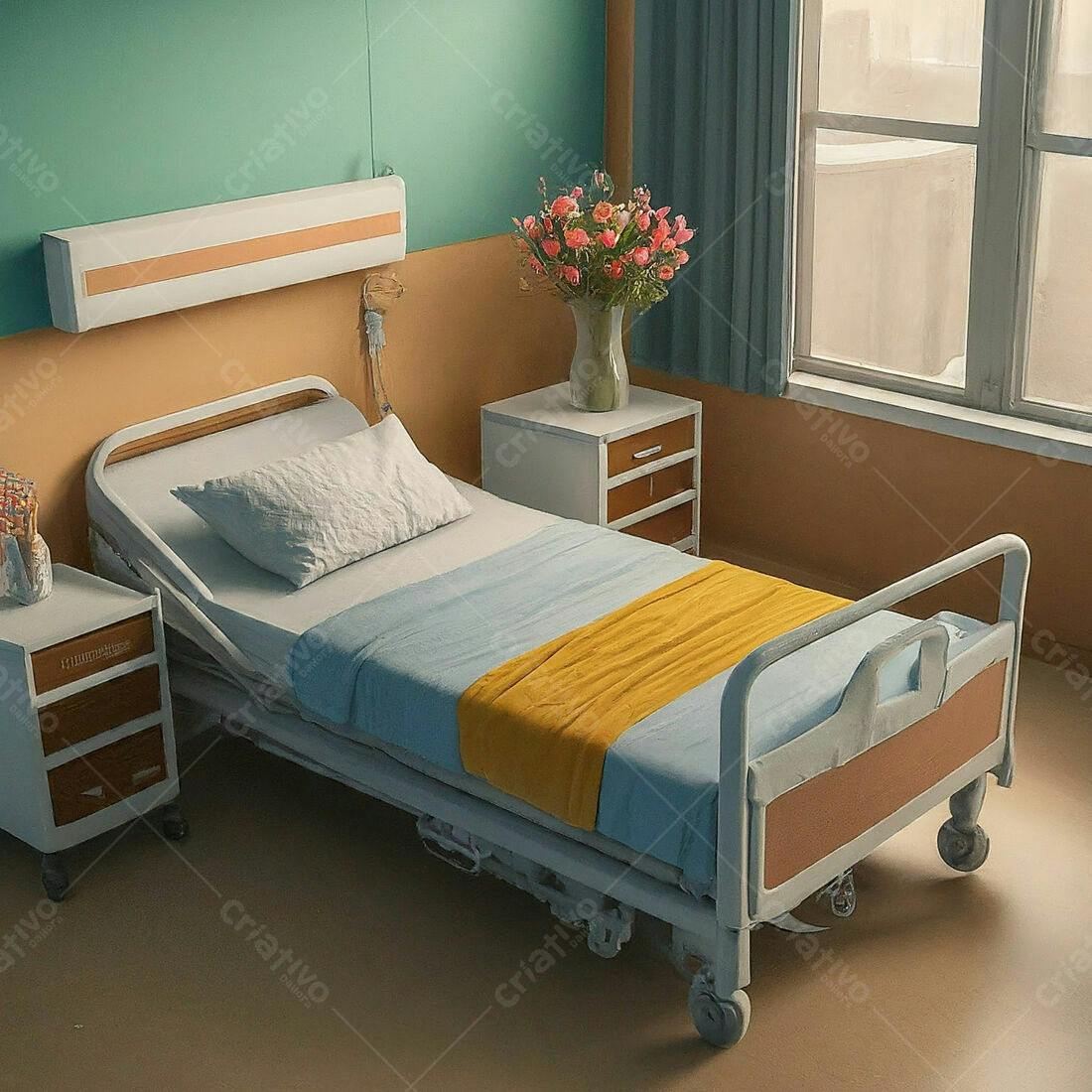 Quarto de hospital com cama e flores