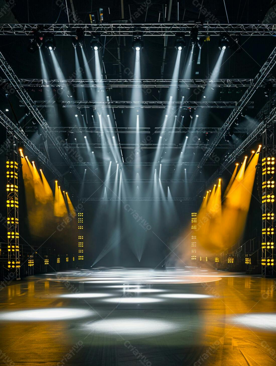Palco iluminado com luzes brancas e amarelas