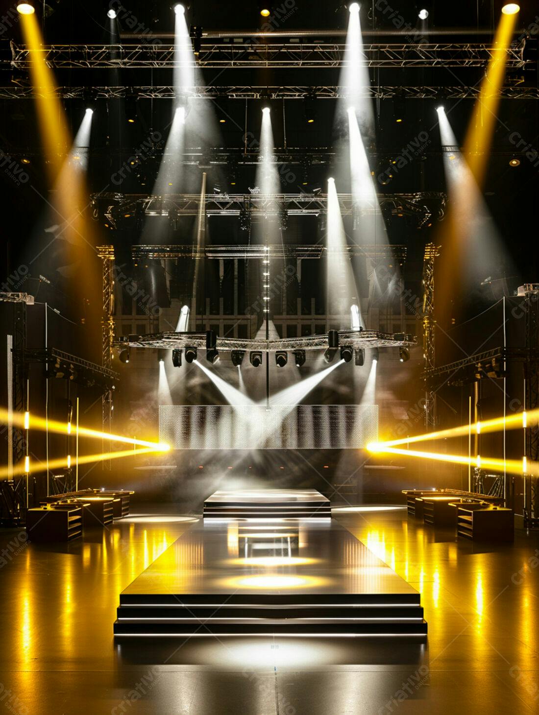 Palco iluminado em show de luzes amarelas e brancas