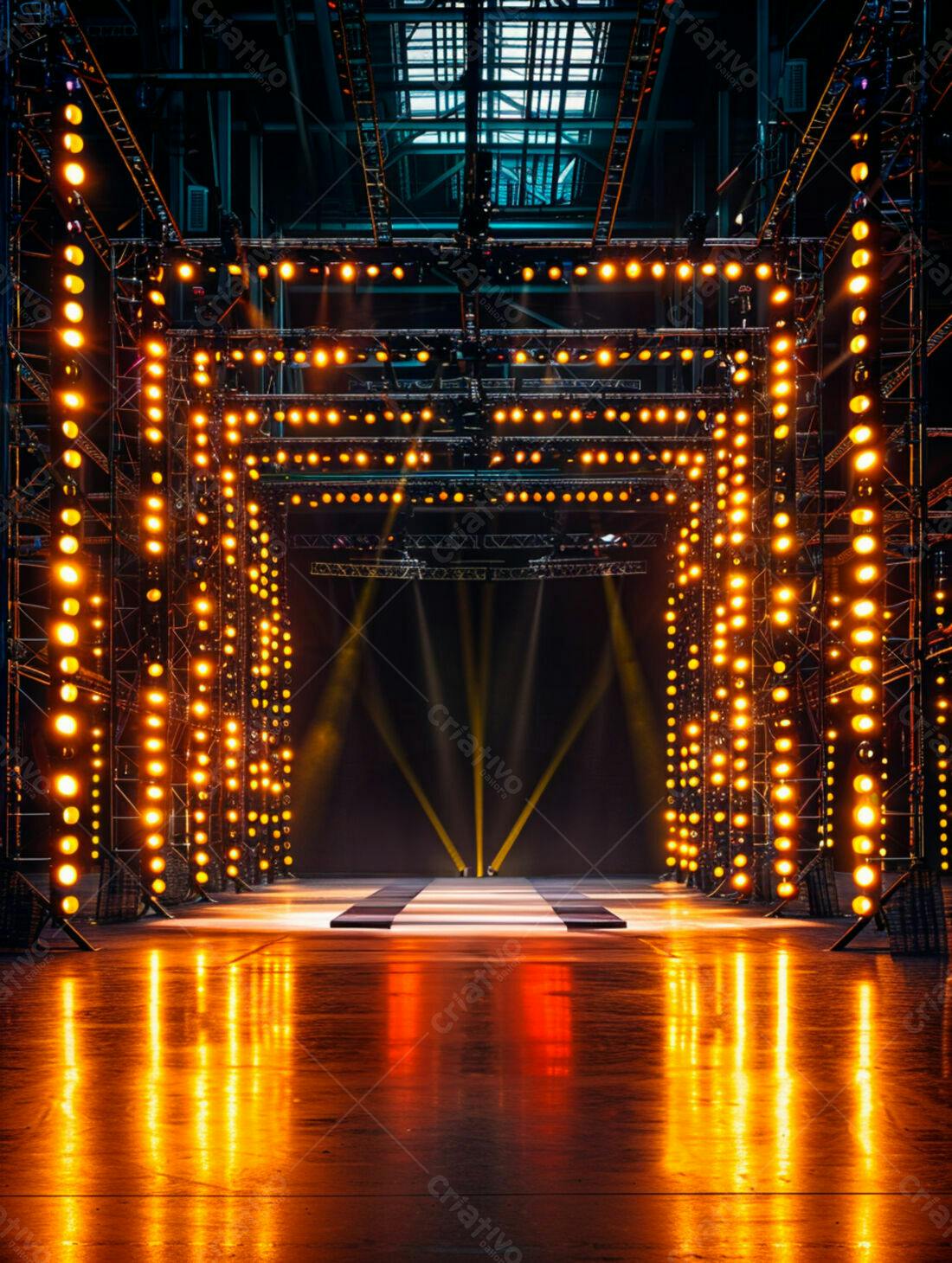 Palco iluminado com luzes amarelas para evento