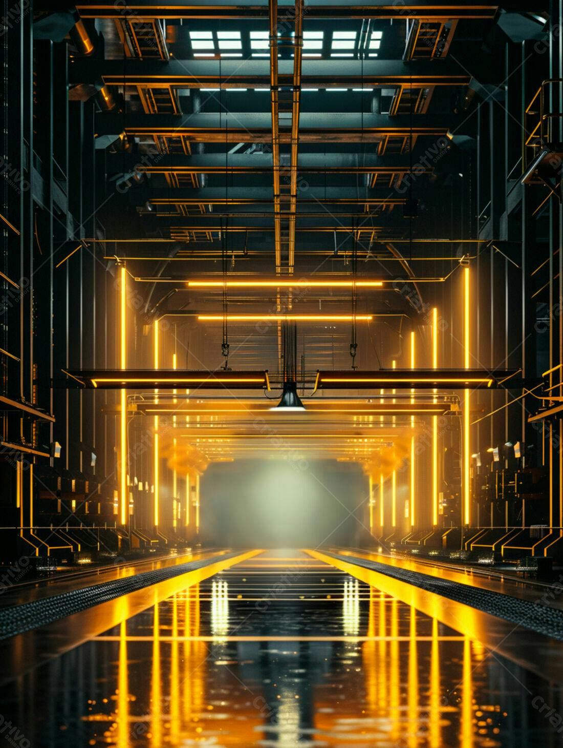 Corredor futurista com iluminação amarela
