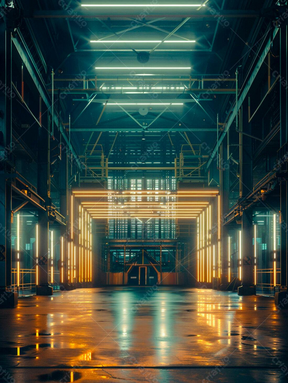 Galeria industrial futurista com iluminação neon
