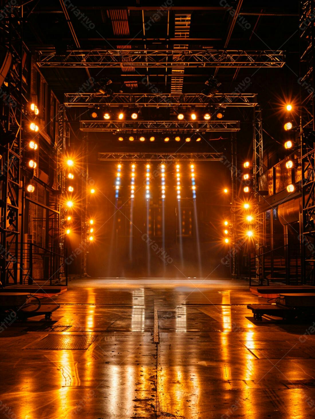 Palco iluminado em galpão industrial
