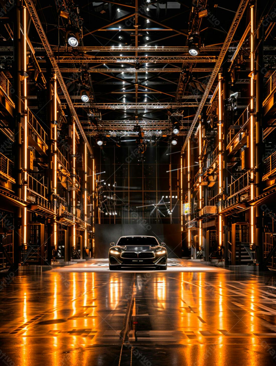 Carro esportivo em galpão industrial iluminado