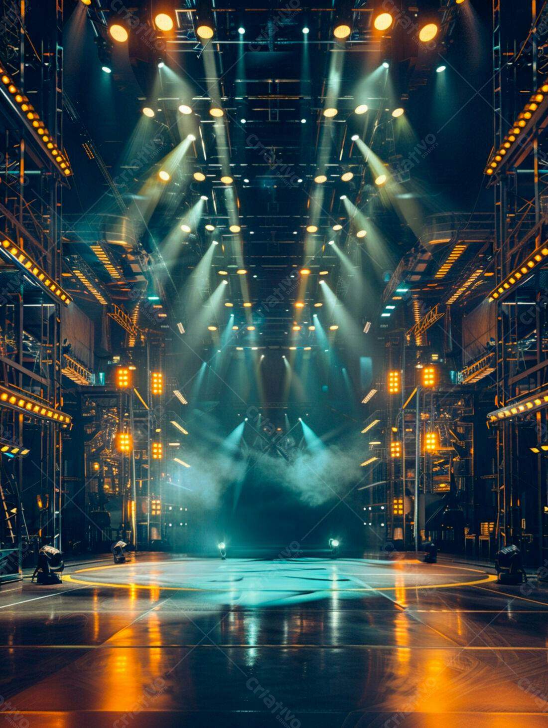 Palco iluminado para show com luzes azuis e amarelas