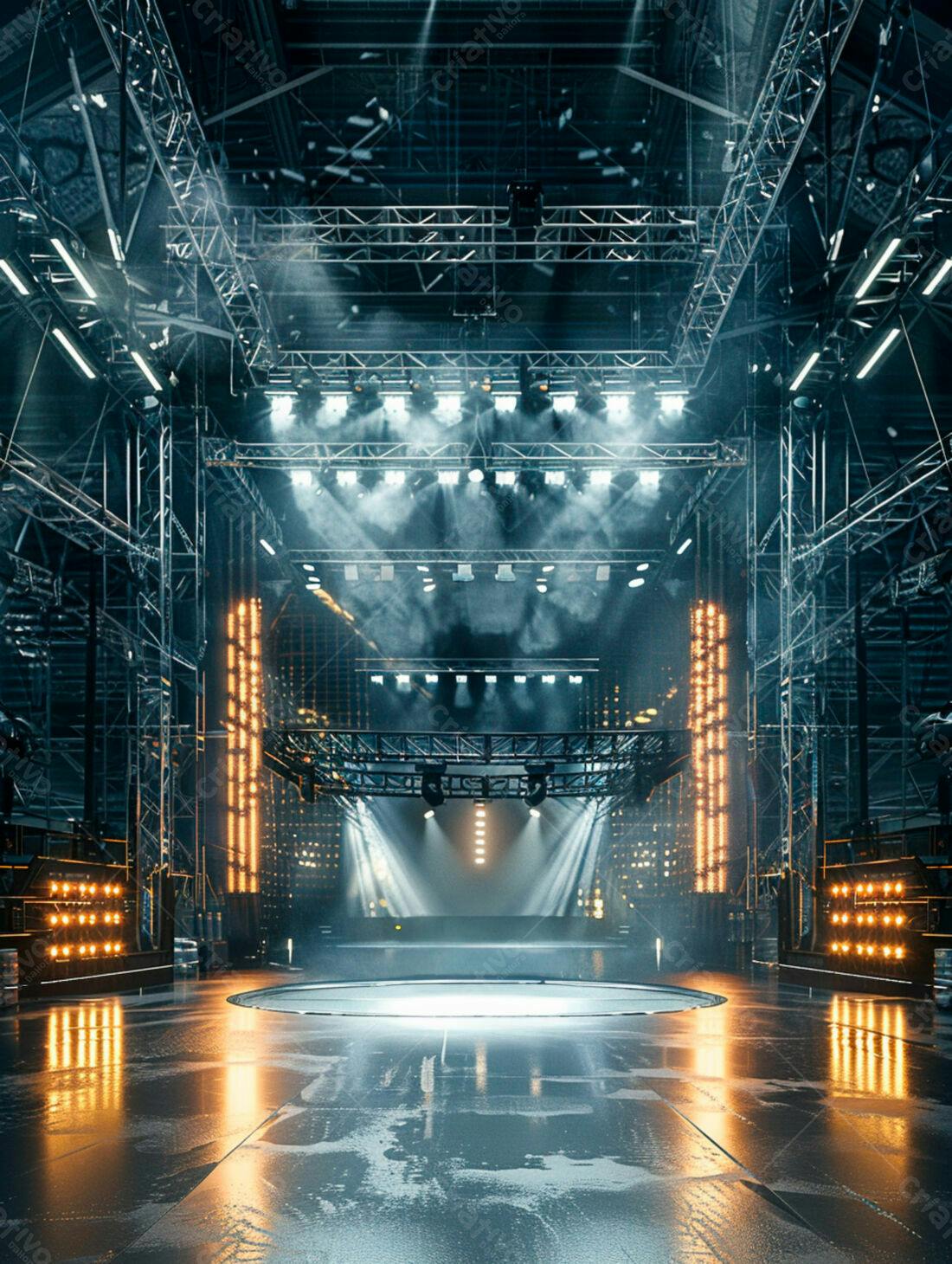 Palco iluminado em galpão industrial
