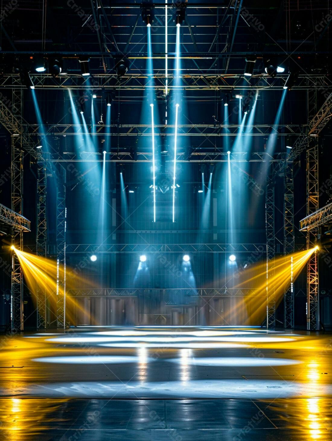 Palco iluminado com luzes azuis e amarelas