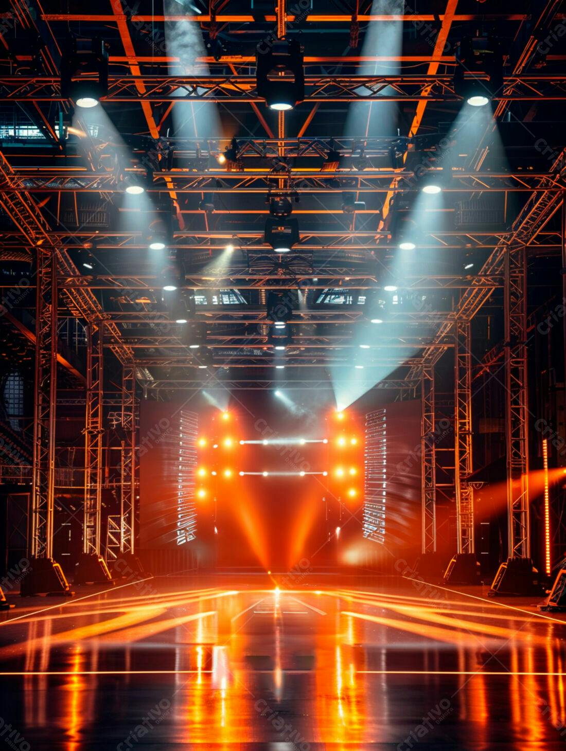 Palco iluminado com luzes laranja e estrutura metálica