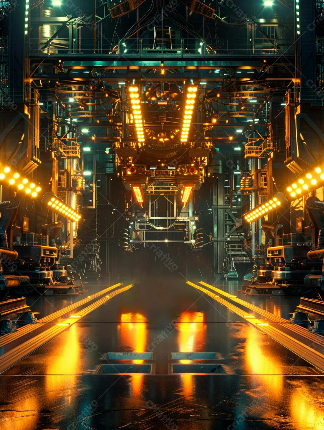 Ambiente futurista industrial com iluminação laranja